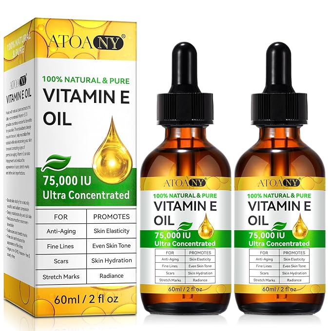 2 Pack Vitamin E Oil, 75,000 IU Organic Pure Vitamin E Oil for Tightening Plump Skin, Reduce Fine Lines & Scars, Moisturizing Skin, Face & Full Body