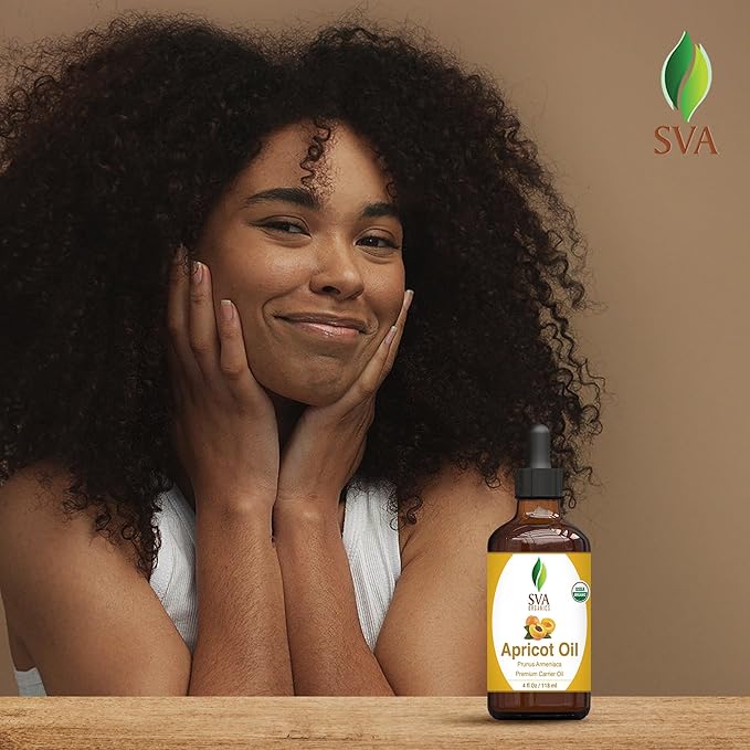 SVA Apricot Seed Oil Organic - 4 Fl Oz – 100% Natural Cold Pressed Organic Apricot Oil - for Face, Skin Care, Hair Care, Scalp Massage & Body Massage – Carrier Oil with Dropper