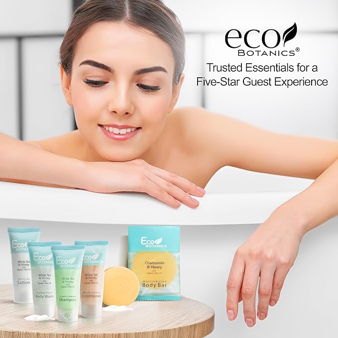 Eco Botanics Hotel Soaps & Toiletries Bulk Set | 1-Shoppe Amenities Kit | 0.85oz Shampoo & Conditioner, Body Wash, Lotion, 0.89oz Bar Soap | Travel Size | 150 Pieces