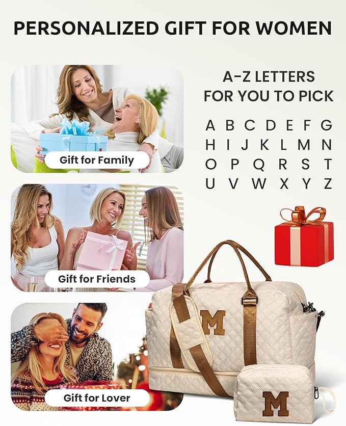 Beach Essentials 11 12 13 14 15 16 17 18 Year Old Girls Gifts-Initial Duffle Bag with Shoe Compartment, Personalized Weekender Bag, Travel Bag with Makeup Bag,Birthday Gift for Her (Letter T)