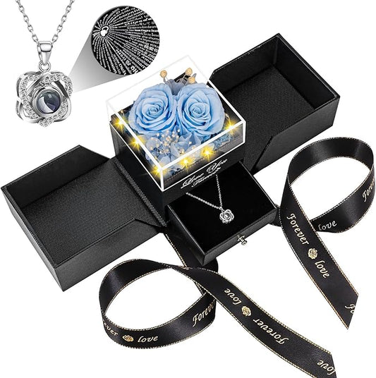2 Preserved Real Rose with Heart I Love You Necklace- Eternal Rose Birthday Gifts for Women Wife Girlfriend Her Mom on Festivals Gifts Christmas Valentines Mothers Day Anniversary-Sky Blue Roses