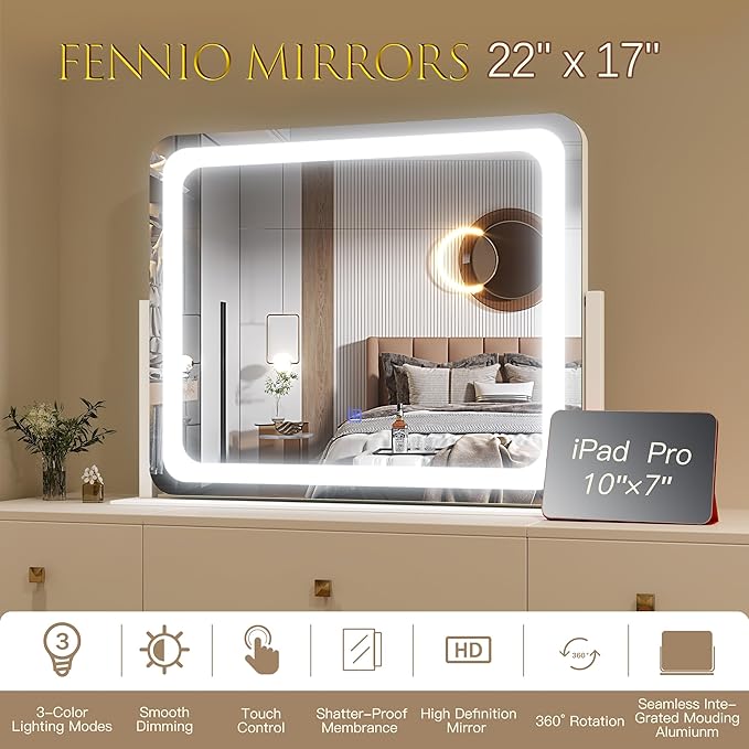 FENNIO Vanity Mirror with Lights 22''x17'' Makeup Mirror with Lights,Vanity Mirror Touch Screen with 3-Color Lighting,Dimmable,for Vanity Desk Tabletop