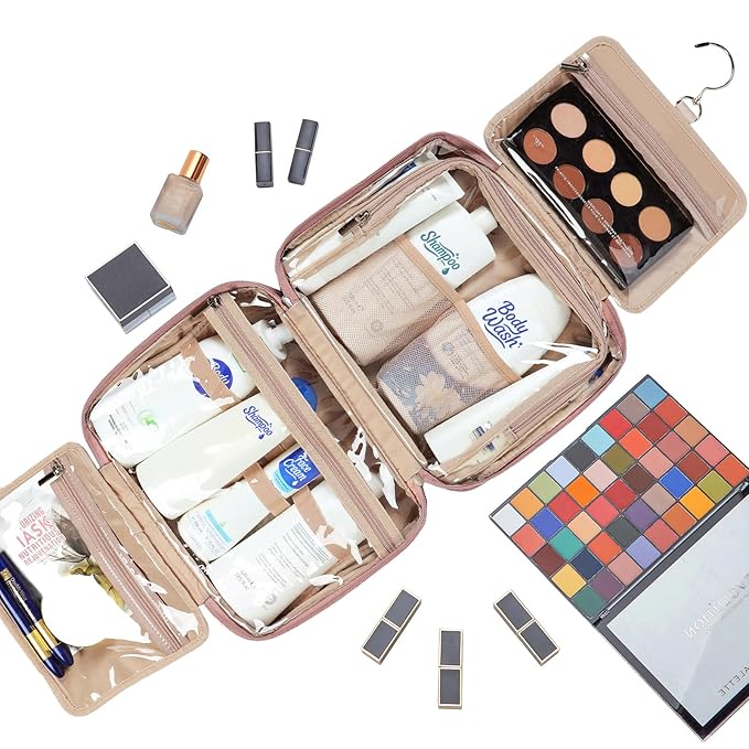 NISHEL Travel Toiletry Bag for Women Large Capacity, Makeup Essentials Organizer, Hanging Case for Accessories, Cosmetics, Rosewood-Pink