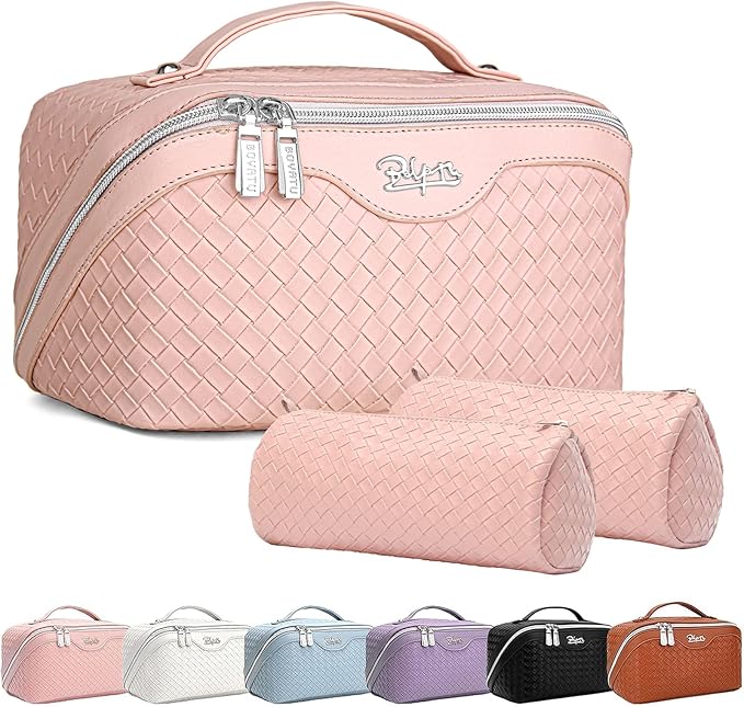 BOYATU Travel Makeup Bags for Women: Large Cosmetic Bag Waterproof - Vegan Leather Make up Bag Set of 3 - Compact Toiletry Organizer with Compartments & Handle & Divider (L02 Light Pink)