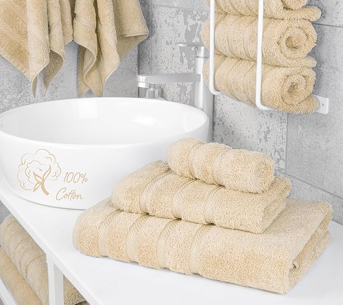 American Soft Linen Premium 3 Piece Towel Set, 1 Bath Towel 1 Hand Towel 1 Washcloth, 600 GSM 100% Cotton Turkish Towels for Bathroom, Beige Towel Set