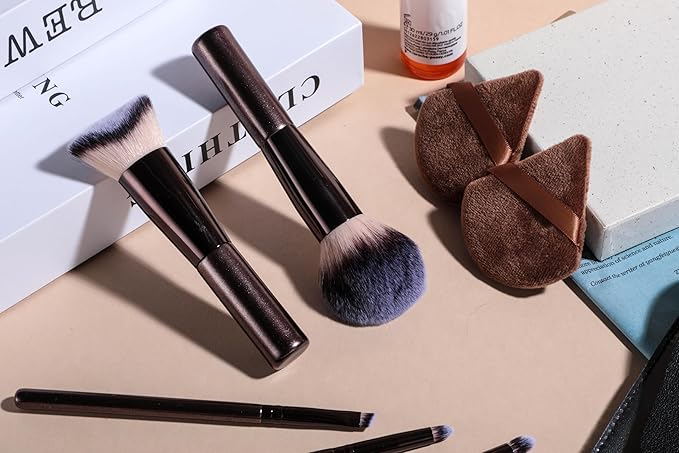 BS-MALL Travel Makeup Brushes Premium Synthetic Foundation Powder Concealers Eye Shadows 7 PCS with Triangle Puff & Storage Bag (Bright black)