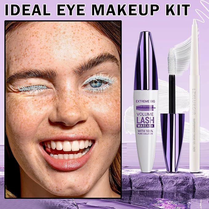 White Mascara and Eyeliner Set,5D Colored Volume and Length Waterproof,White Mascara for Eyelashes,Natural Lengthening Curling,Suitable for Women