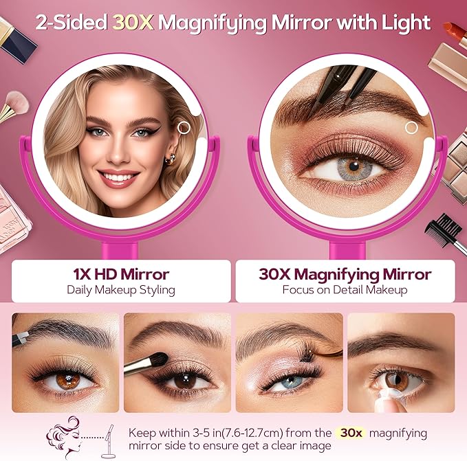 B Beauty Planet Makeup Mirror with Lights, Lighted Magnifying Mirror 30X with 3 Lighting and Adjustable Brightness, 2-Sided Height Adjustable Vanity Mirror for Bathroom, Gifts for Women Hot Pink