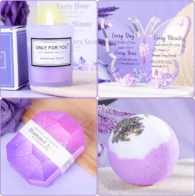 12PCS Christian Gifts for Women Faith, Inspirational Gifts for Women, Religious Catholic Gifts Basket,Purple Birthday Get Well Soon Gifts, for Mom Her Wife Girlfriend Friend Sister