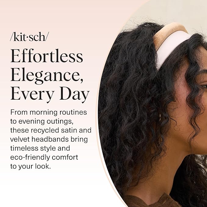 Kitsch Velvet & Satin Headbands for Women - Non Slip, Soft and Lightweight - Stylish Headbands for Girls with Chic Neutral Shades | Ideal Gifts for Women - Cream & Camel, 2pc Set