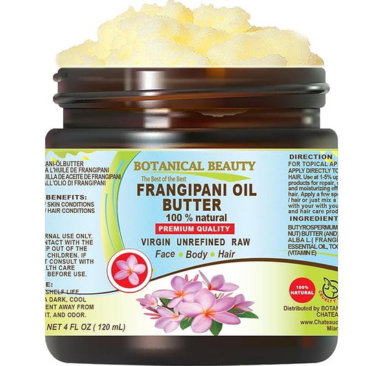 Botanical Beauty FRANGIPANI OIL BUTTER 100% Natural. Frangipani Essential Oil in Shea Nut Butter for FACE, SKIN, BODY, HAIR, NAILS. Beauty Skin Moisturizer Oil Butter. (4 Fl Oz)
