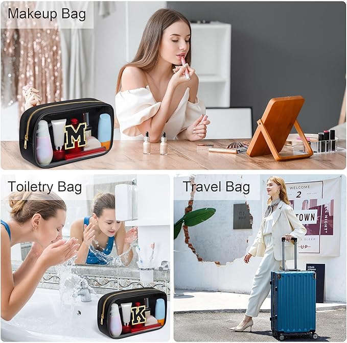 YOOLIFE Travel Clear Makeup Bag Toiletry Bag, Make up Bag Waterproof Toiletry Bags for Women Cosmetic Bag Birthday Gifts for Women Personalized Mother Girlfriend Wife Bridesmaid Gifts Black Letter C