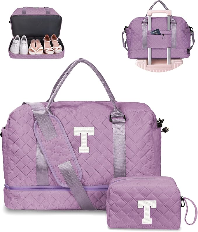Women Gifts-Duffle Bags with Shoe Compartment, Personalized Weekender Bag, Overnight Bag, Tween Travel Bag with Makeup Bag,Birthday Gift Graduate Gifts for Her (Letter T)