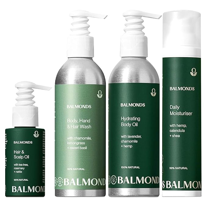 Balmonds Natural Skincare Set – Shampoo & Body Wash, Moisturizing Cream, Bath & Body Oil, and Scalp Oil – 100% Natural, Fragrance-Free, Vegan & Cruelty-Free – For Dry & Sensitive Skin