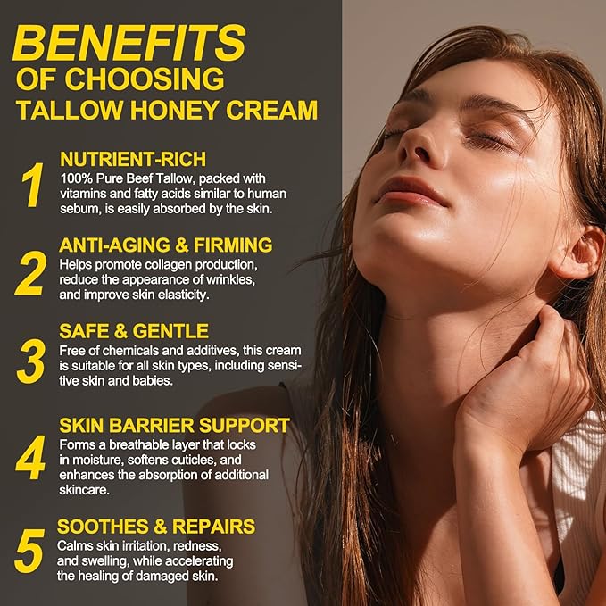 Beef Tallow for Skin, Tallow and Honey Balm for Face - 100% Organic Grass-Fed Beef Tallow & Raw Wild Honey - Moisturizing Cream for Soft, Smooth Skin- Light Scent, Moisturizing Natural Formula, 4.2 Oz