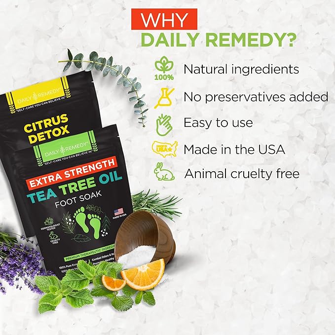 DAILY REMEDY EXTRA STRENGTH Tea Tree Oil & Citrus Detox Foot Soak Set - Made in USA - Soothes Sore Tired Feet, Athletes Foot, Stubborn Foot Odor, Softens Calluses & Refreshes & Detoxifies - Pack of 2