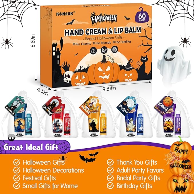 60 Pack Halloween Hand Cream and Lip Balm Set for Women, Bulk Hand Lotion for Halloween Gifts, Halloween Party Favors, Party Supplies, Decorations, Goodie Bags with Halloween Card and Organza Bags