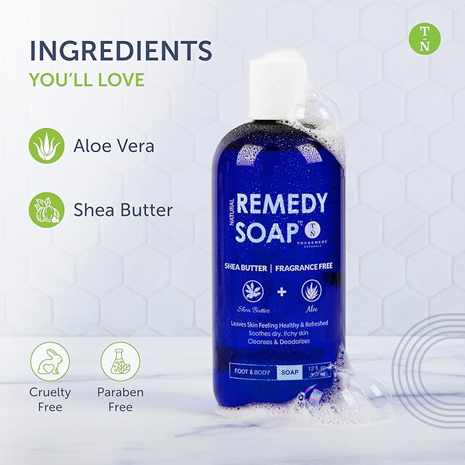 Truremedy Naturals Shea Butter - No Fragrance Body Wash for Men and Women - Hydrating and Soothing Shower Gel Rosemary, Jojoba, Aloe - 12 oz - Moisturizes