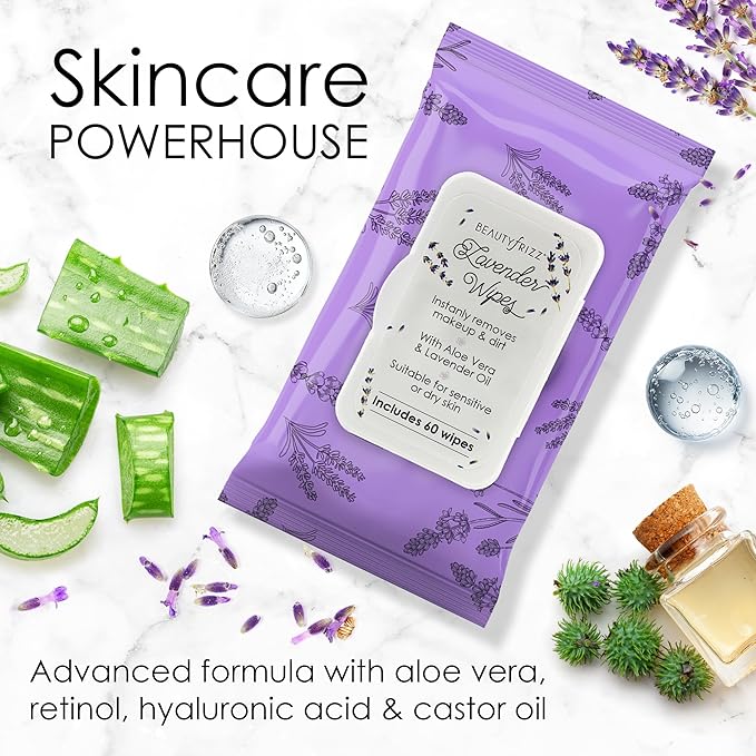 Lavender Face Wipes - 120 pcs - Gentle Makeup Remover Wipes for Women - Facial Cleansing Wipe with Aloe, Castor, Vitamin A and E - Extra Soft - Moisturizing