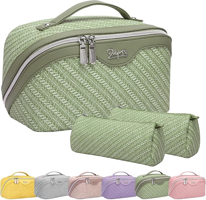 BOYATU Travel Makeup Bags for Women: Large Cosmetic Bag Waterproof - Vegan Leather Make up Bag Set of 3 - Compact Toiletry Organizer with Compartments & Handle & Divider (Z-Green)