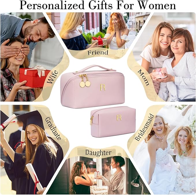 Birthday Gifts for Women Teen Girl, Personalized Initial Makeup Organizer Bag Set, Open Flat Travel Cosmetic Bag With Clear Divider and Handle(Pink,R)