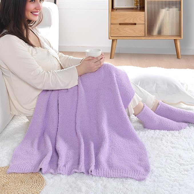 JOOJA Cozy Birthday Get Well Soon Gift Basket Care Package for Women with Blanket, Fuzzy Socks, Eye Mask, Headband Cozy Essentials - Lavender