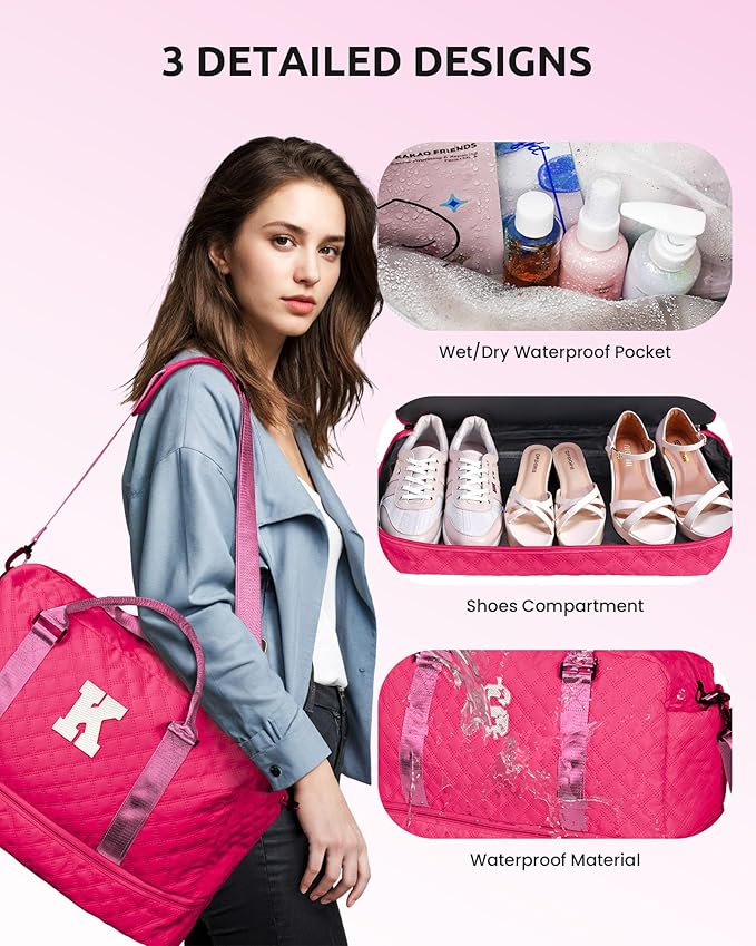 Travel Essentials for Women, Girl Birthday Gift-Initial Travel Bag with Shoe Compartment, Weekender Bag, Monogram Overnight Bag for Women, Letter Travel Bag with Makeup Bag (Letter J)