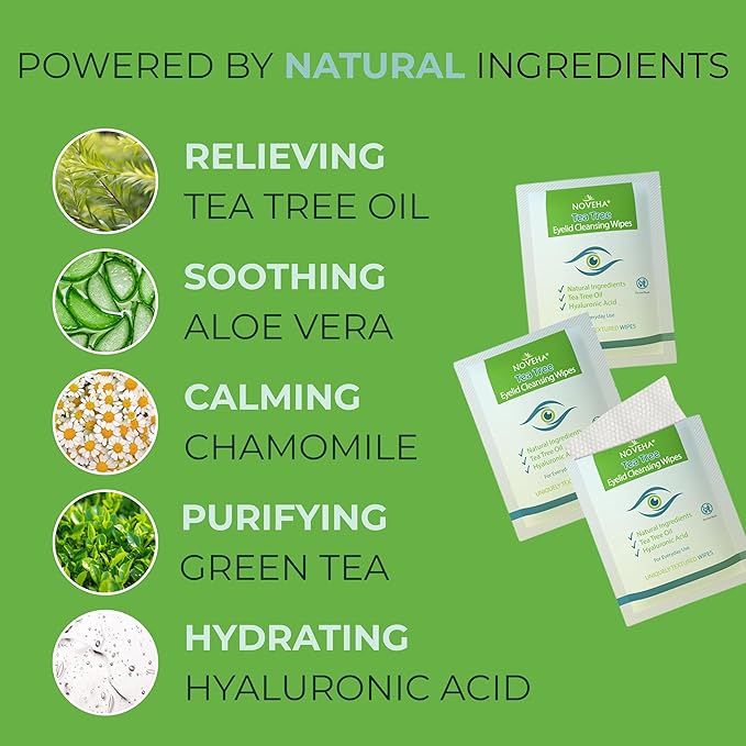 NOVEHA 60PCs Tea Tree Oil Eyelid & Lash Wipes | With Hyaluronic Acid, Green Tea & Chamomile For Blepharitis, Itchy & Stye Eyes, Individually Wrapped, Natural Eyelash Makeup Remover & Daily Cleanser