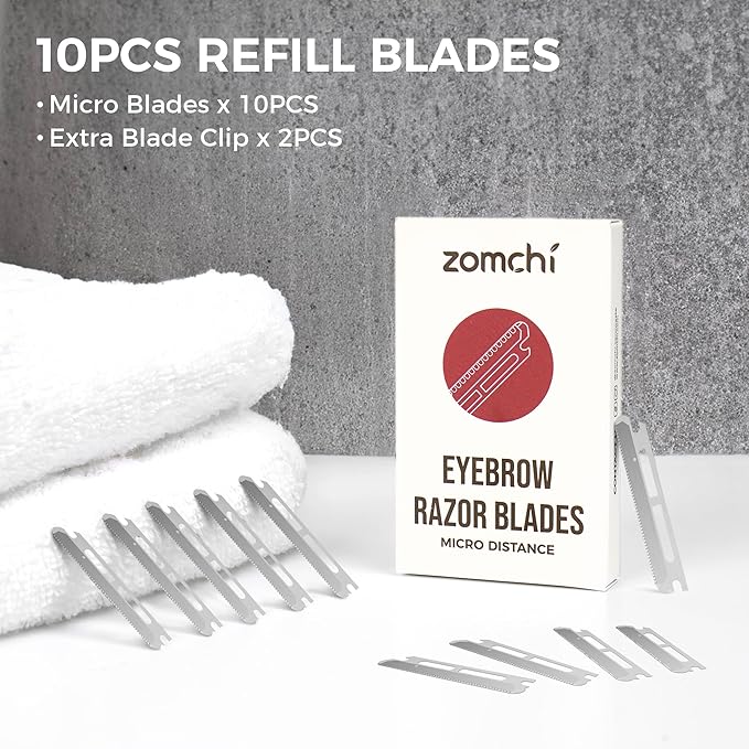 ZOMCHI Reusable Metal Dermaplane Tool Refills, Set of 10 Replacement Blades (Micro Distance), Dermaplaning Razor Refills, Plastic Free Eyebrow Razor Blades