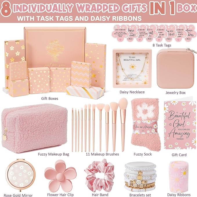 Birthday Gifts for Tween Teen Girls - 8 PCS Gifts Basket Teen Girl Gifts Trendy Stuff Girls Fun Empower Gift Box w/Task Tags Make up Brushes Makeup Bag, Graduation Gifts Idea for Her Niece Daughter