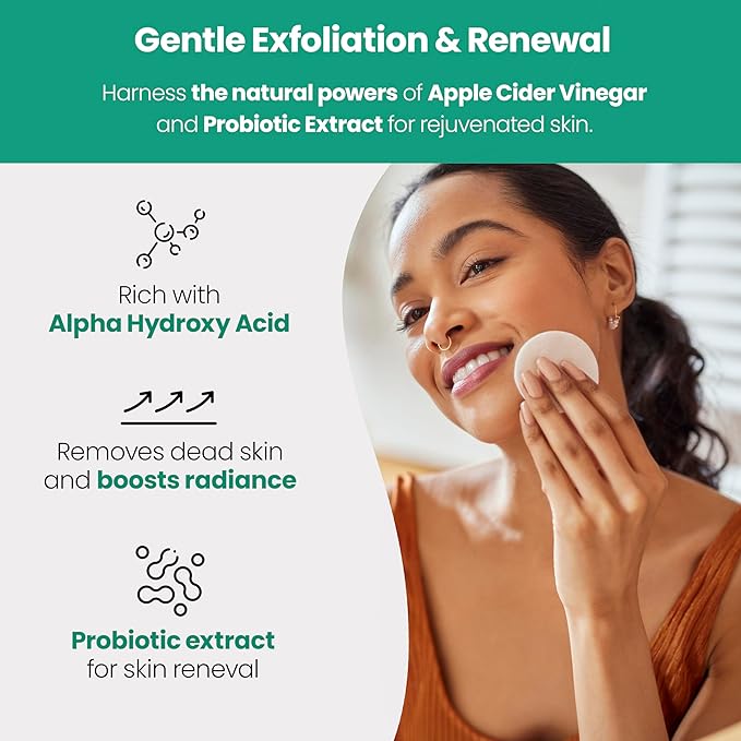 Toner Pads for Face - Exfoliating Face Wipes, for All Skin Types - Apple Cider Vinegar, Green Tea, 60 Pads