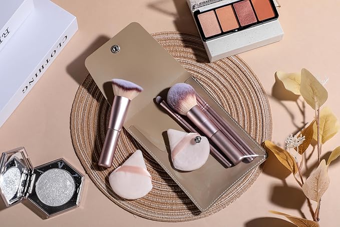 BS-MALL Travel Makeup Brushes Premium Synthetic Foundation Powder Concealers Eye Shadows 7 PCS with Triangle Puff & Storage Bag (Bright pink)