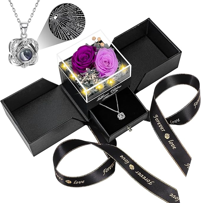 2 Preserved Real Rose with Heart I Love You Necklace- Eternal Rose Birthday Gifts for Women Wife Girlfriend Her Mom on Festivals Gifts Christmas Valentines Mothers Day Anniversary-2 Colour Purple