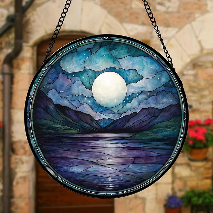 Stained Glass Window Hanging, Blue Night Moon Lake Sun Catchers Colorful Glass Panel Landscape Suncatcher Decor for Birthday for Women, Men, Wife, Aunt, and Mom 11.8x11.8 in
