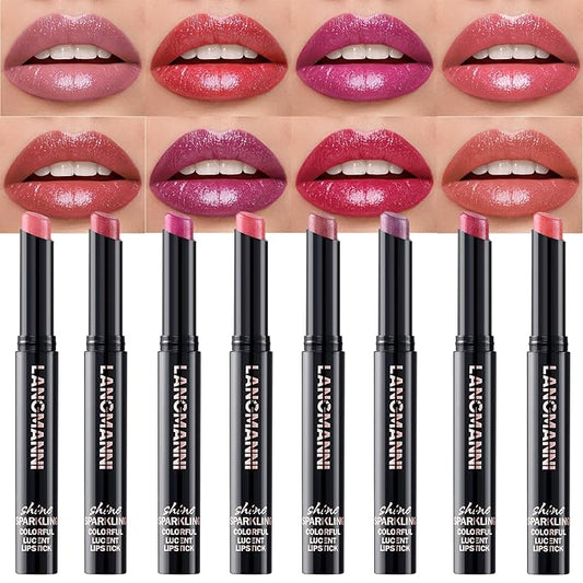 Jolilab 8Pcs Sparkling Lipstick Lip Gloss Long Lasting Waterproof Moisturizer Lip Balm Glitter Shimmer Metallic, Diamond Shiny Bold Glow Goth Lipstick for Women Girls, Non-sticky