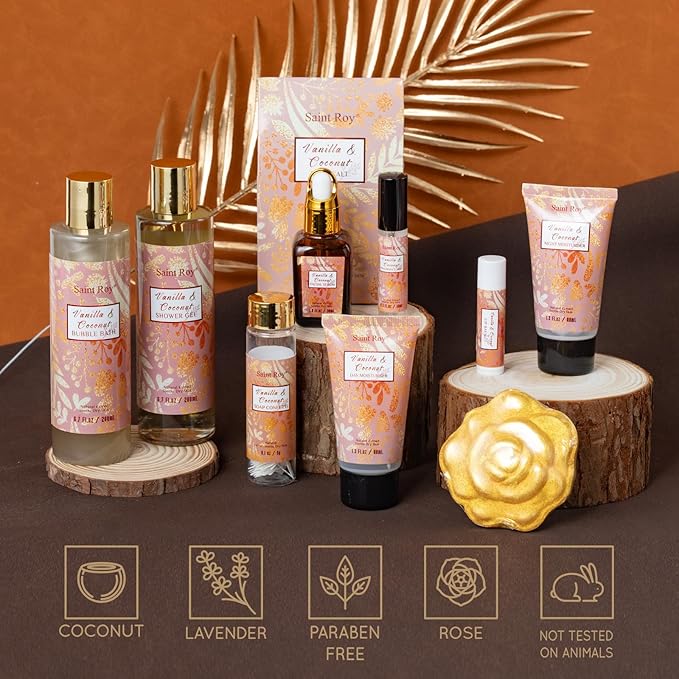 Luxury Gifts for Women, 16 Pcs Spa Gifts for Women of Coconut & Vanilla Scents Skin Care Kit, Facial Kit with Face Day Cream, Night Cream, Skincare Set, Skin Care Set Wrap in Makeup Storage Box