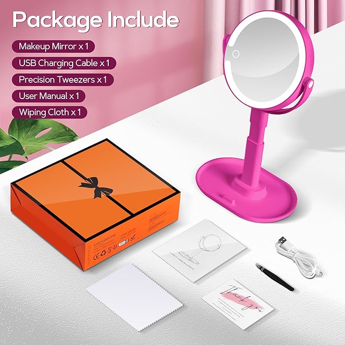 B Beauty Planet Makeup Mirror with Lights, Lighted Magnifying Mirror 30X with 3 Lighting and Adjustable Brightness, 2-Sided Height Adjustable Vanity Mirror for Bathroom, Gifts for Women Hot Pink