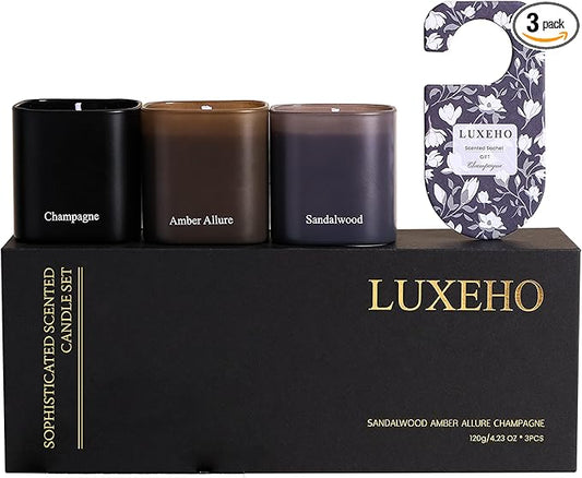Luxury Scented Candle Gift Set 3-Pack | Champagne, Sandalwood & Amber | Clean Soy Wax | for Women & Men (4.23 oz Each) | 75 Hour Burn Time