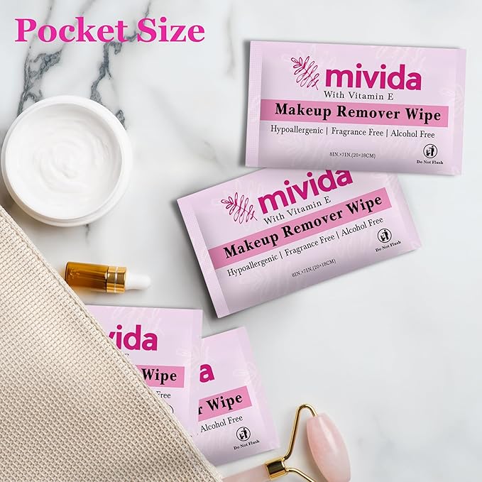 mivida 100 Count Individually Wrapped Makeup Remover Wipes with Vitamin E | Fragrance-Free, Alcohol-Free makeup wipes | Hypoallergenic single make up removing wipes