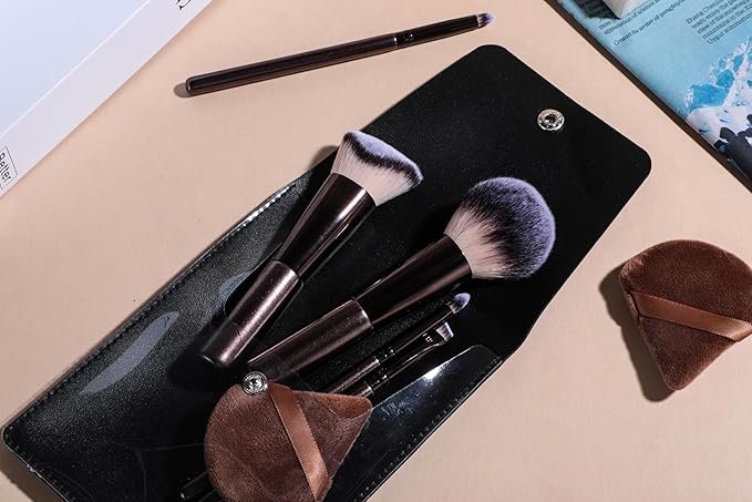 BS-MALL Travel Makeup Brushes Premium Synthetic Foundation Powder Concealers Eye Shadows 7 PCS with Triangle Puff & Storage Bag (Bright black)