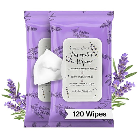 Lavender Face Wipes - 120 pcs - Gentle Makeup Remover Wipes for Women - Facial Cleansing Wipe with Aloe, Castor, Vitamin A and E - Extra Soft - Moisturizing