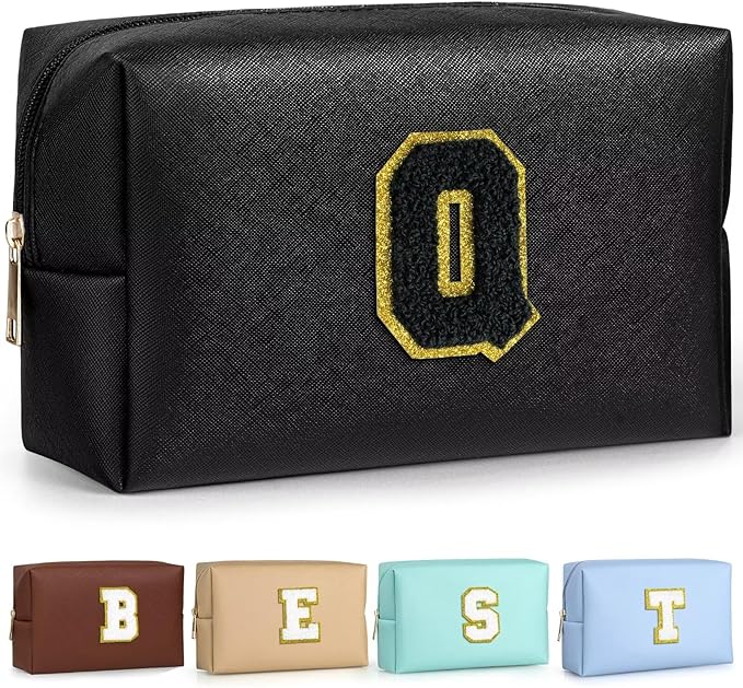 TOPEAST Initial Makeup Bag for Travel, Chenille Letter Pouch Cosmetic Bag, PU Leather Waterproof Toiletry Bag, Personalized Gifts for Bride Bridemaids, Cute Things for Girls (Black Q)