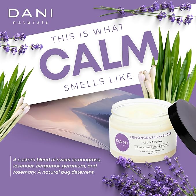 DANI Naturals Sugar Scrub - Exfoliating Lemongrass Lavender with organic cane sugar and shea butter gently exfoliates and hydrates, leaving skin smooth and refreshed. 14 oz