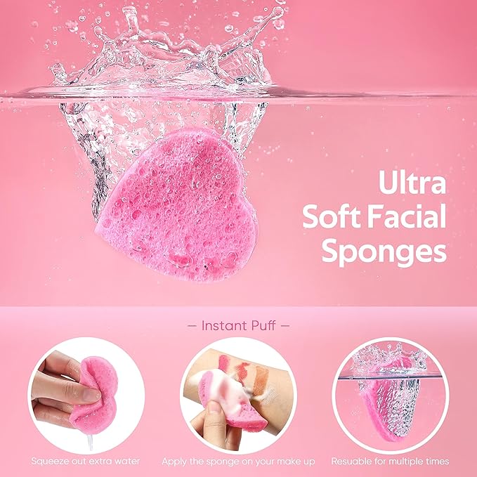 50-Count Heart Shape Compressed Facial Sponges for Daily Facial Cleansing and Exfoliating, 100% Natural Cosmetic Spa Sponges for Makeup Remover