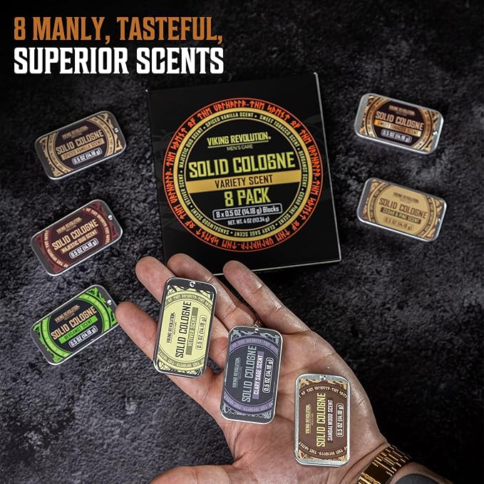 Viking Revolution 8 Pack Solid Cologne for Men - Men's Cologne Gift Set Including Sandalwood, Vetiver, Sweet Tobacco, Clary Sage, Spiced Vanilla, Cedar Pine - Travel Size Gifts for Men (0.5 Oz each)