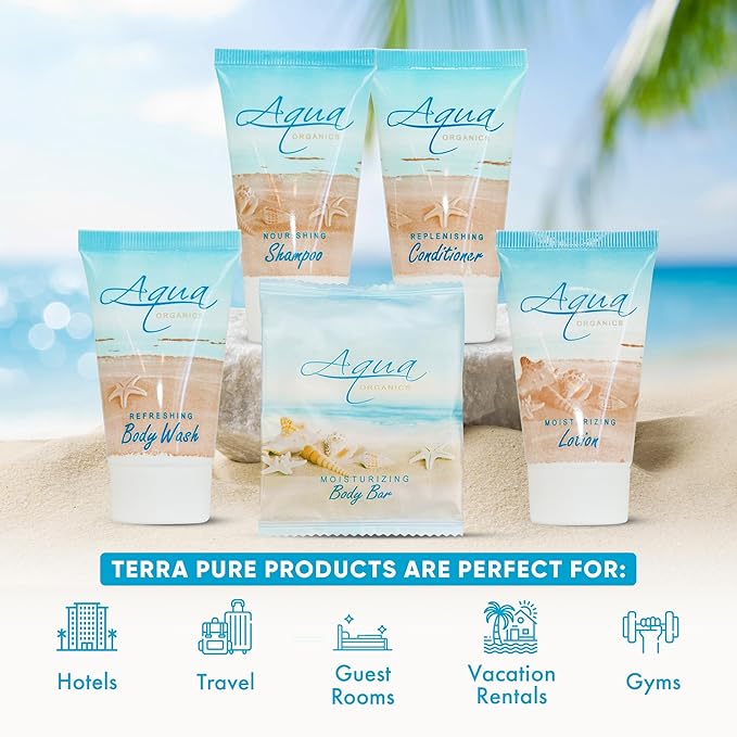 Aqua Organics Hotel Soaps and Toiletries Bulk Set | 1oz Hotel Shampoo & Conditioner, Body Wash, Body Lotion & 1oz Bar Soap Travel Size | 300 Pieces