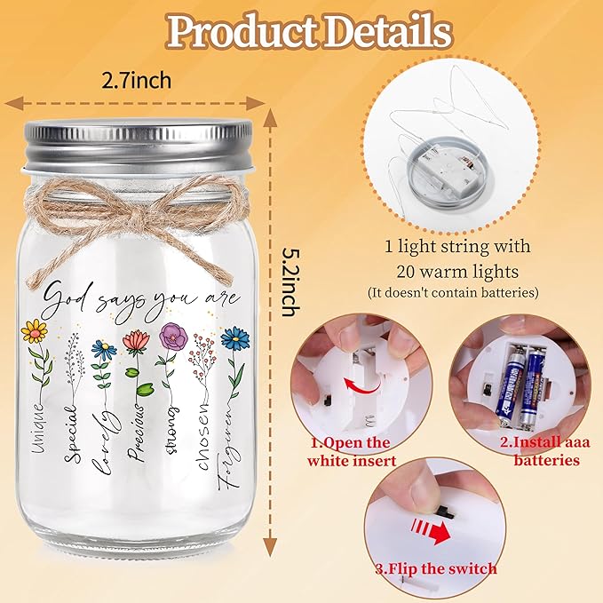 Religious Christian Gifts for Women - Decorative Jar Night Light for Christmas, Birthday, Sister, Friend, Coworker - Inspirational
