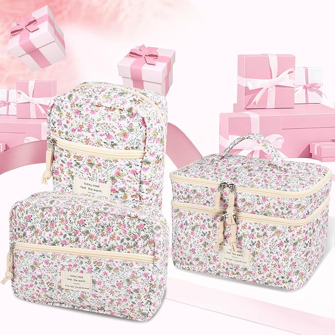 Anfly Makeup Bag, Quilted Cosmetic Bags, Large Floral Make Up Bag, Cute Makeup Bag 3PC Set for Women Girls (Little Flowers)