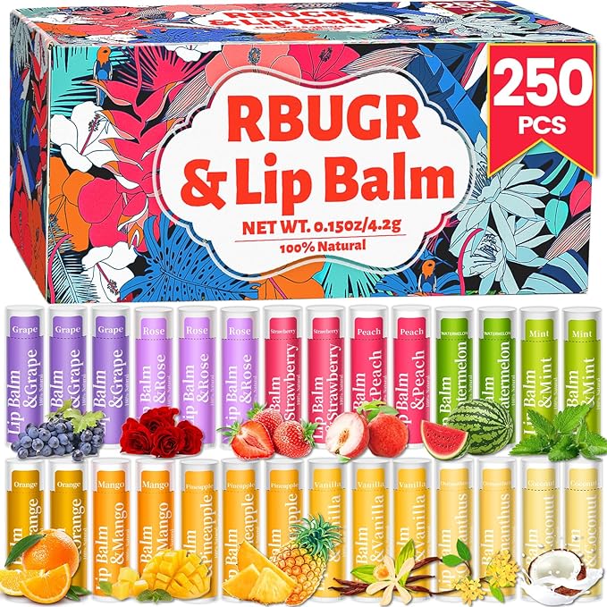 250 Pcs Lip Balm Bulk,12 Fruit Flavored Natural Bulk Lip Balm, Lip Balms Pack with Vitamin E, Lip Balms Gift Set Women Stocking Stuffers Party Favors, Moisturizing&Soothing(4.2g/0.15oz)