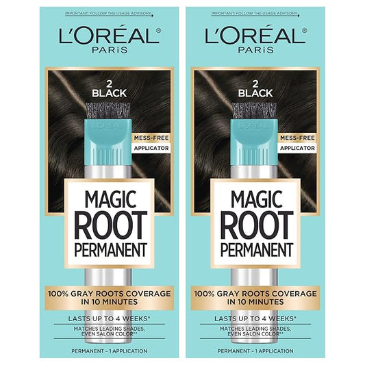 LโOrรฉal Paris Magic Root Permanent Hair Color, 10 Minute Hair Dye Kit to Rescue Roots with 100% Gray Hair Coverage, 2 Black, 2 Pack (Packaging May Vary)